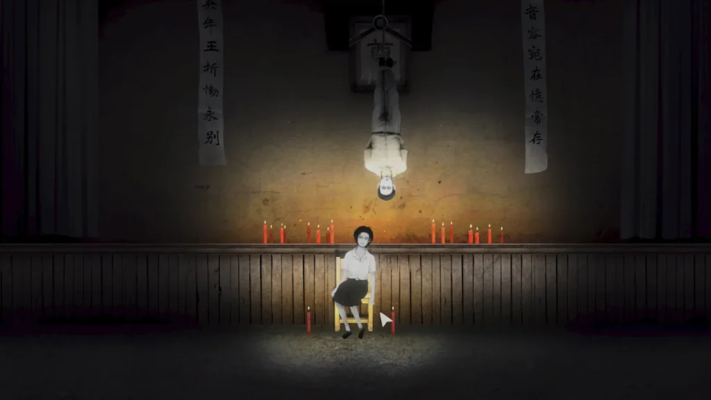 暗い講堂の椅子に座るレイが描かれた『返校 Detention』のゲーム画面