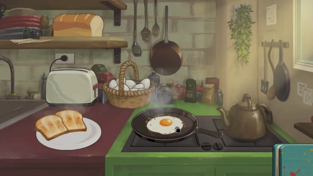フライパンで目玉焼きを焼いているキッチン画面