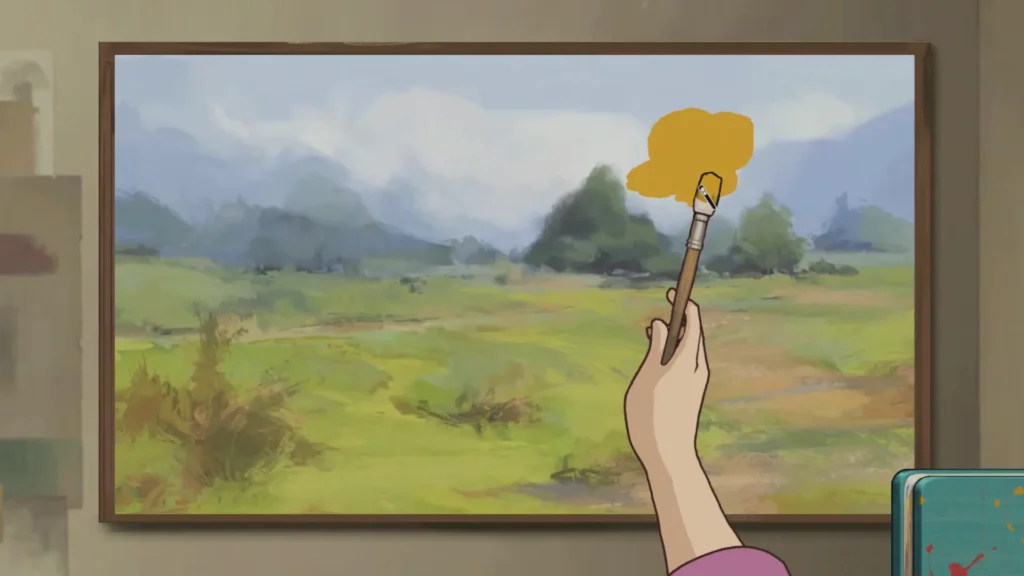 キャンバスに黄色い絵の具を塗る『Behind the Frame』のゲーム画面