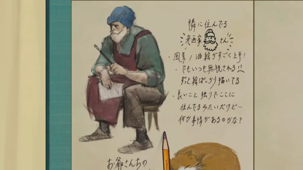 隣に住む老人について書かれた手書きのメモとスケッチ
